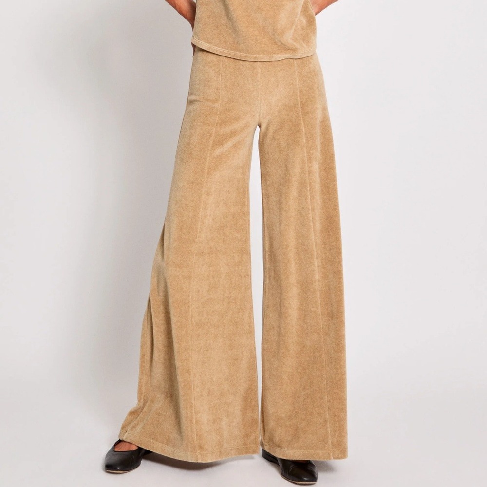 Suzie Kondi Brown Terry Cloth Megalo Wide Leg Velour Sweat Pants Flared Size XS